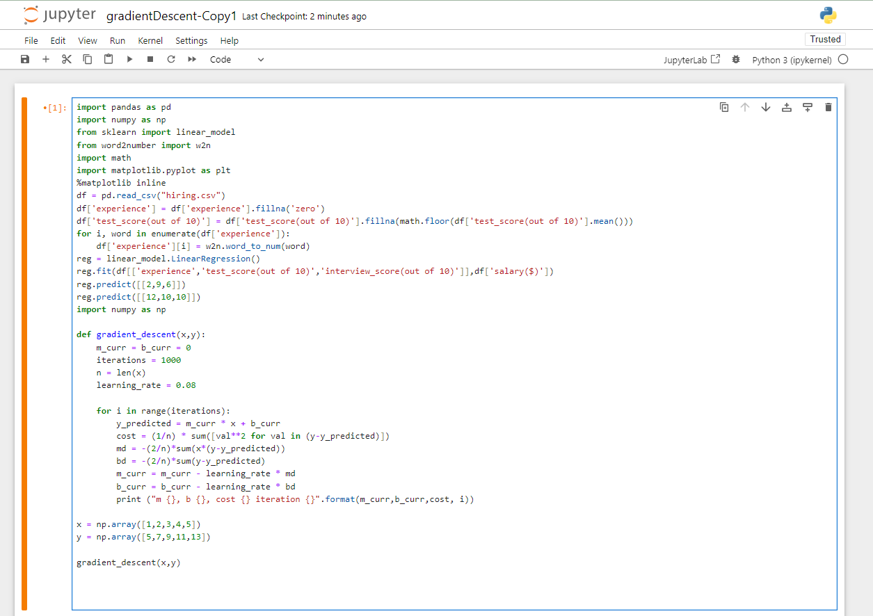 Screenshot of gradient descent code in jupyter notebook